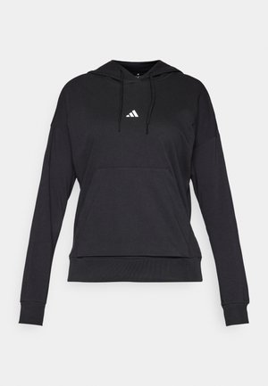 Black hoodie made of textured fabric, featuring a kangaroo pocket, drawstring hood, and a white Adidas logo on the chest.