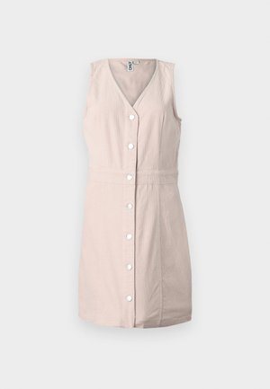 Säärepuuduv heledat beezist värvi nööpide esiotsaga kleit, millel on V-kaelus ja kohandatud vöökoha, valmistatud tekstureeritud kangast, esitatud ühel lihtsal valgel taustal.