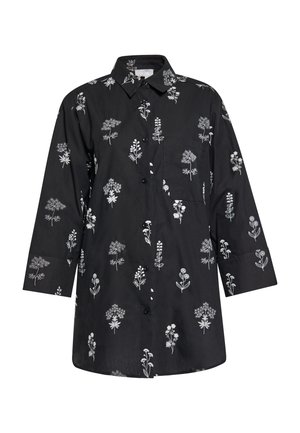 Zwarte blouse met witte bloemenborduring, met knoopsluiting, lange mouwen en een borstzak. Glad katoen met een gestructureerde vorm.