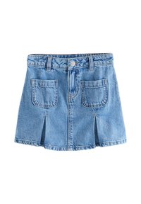 Jeansowa mini spódnica w jasnoniebieskim kolorze, z dwoma przednimi kieszeniami, zapięciem na guziki oraz przednimi plisami dla większej swobody ruchu. Strukturalny krój z detalami szwów.