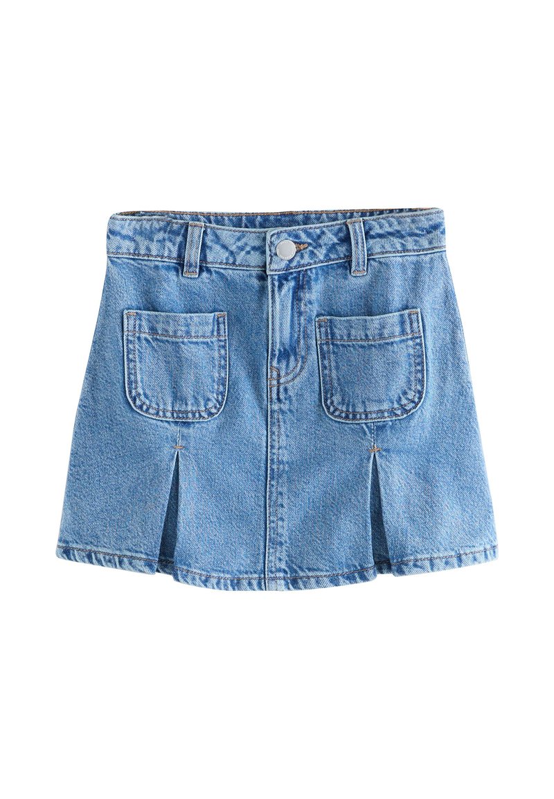 Jeansowa mini spódnica w jasnoniebieskim kolorze, z dwoma przednimi kieszeniami, zapięciem na guziki oraz przednimi plisami dla większej swobody ruchu. Strukturalny krój z detalami szwów.