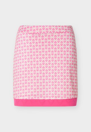 Růžová a bílá mini sukně s geometrickým vzorem mušlí a pevnou jasně růžovou lemovkou.