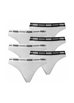 Fünf Paare grauer Baumwollstringunterhosen mit schwarzen elastischen Taillenbändern, die mit weißem "PUMA"-Branding und gestreiften Akzenten versehen sind.