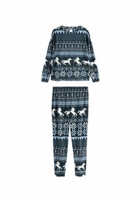 Sötétkék pizsama szett hosszú ujjakkal és testhezálló nadrággal. Télen ihletett minta, fehér és világoskék lovakkal és hópelyhekkel.