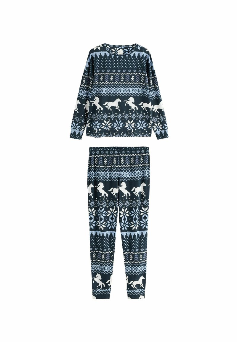 Sötétkék pizsama szett hosszú ujjakkal és testhezálló nadrággal. Télen ihletett minta, fehér és világoskék lovakkal és hópelyhekkel.