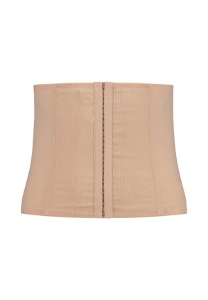 Beige korset-stijl shapewear met een gladde textuur, voorzien van een sluiting met haak- en oogjes aan de voorkant en een aangesloten silhouet.