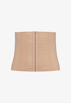Body shaper beige de style corset avec une texture lisse, comportant une fermeture à crochet et œillet à l'avant et une silhouette ajustée.
