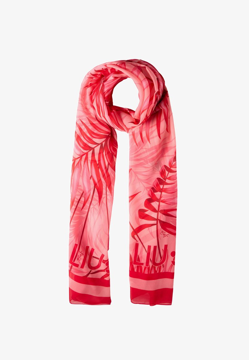 Sciarpa floreale rosa con finitura trasparente e motivi a foglia. Include una parte inferiore a righe solide e un dettaglio del logo in un colore a contrasto.