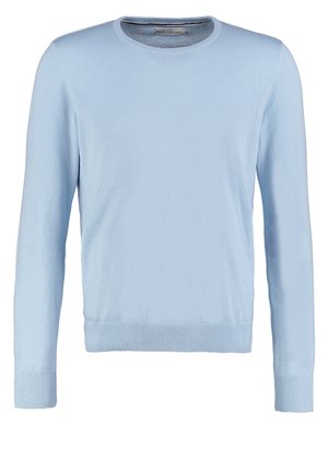 Suéter de manga larga de color azul claro con cuello redondo. Presenta una textura suave y puños y dobladillo acanalados. Diseño clásico y ajustado.