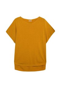 Camiseta oversized de color amarillo mostaza con un escote ancho, mangas cortas y un dobladillo acanalado. Textura suave y diseño sencillo, adecuado para el uso diario.