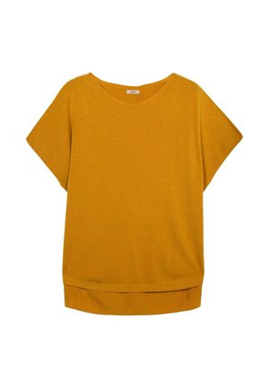 Senfgelbe, übergroße T-Shirt mit weitem Ausschnitt, kurzen Ärmeln und geripptem Saum. Weiche Textur und schlichtes Design, geeignet für legere Kleidung.