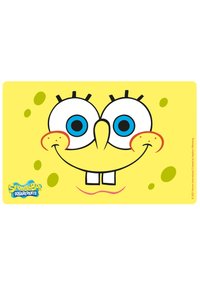 Bright yellow sponge character with blue eyes, prominent front teeth, and black eyelashes. Features red cheeks and green spots.