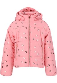 Veste en peluche rose avec capuche, dotée d'une fermeture éclair à l'avant, ornée de motifs en cœur métalliques et de poignets élastiques pour plus de chaleur.