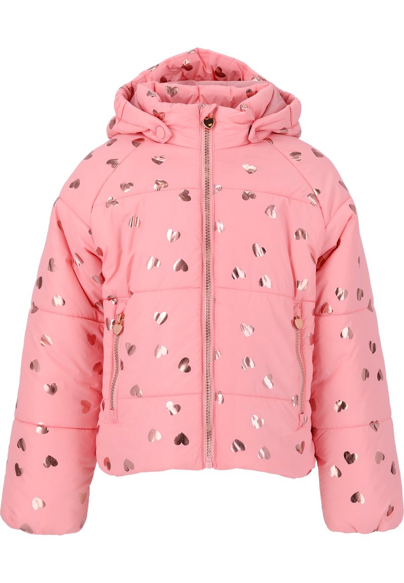 Veste en peluche rose avec capuche, dotée d'une fermeture éclair à l'avant, ornée de motifs en cœur métalliques et de poignets élastiques pour plus de chaleur.
