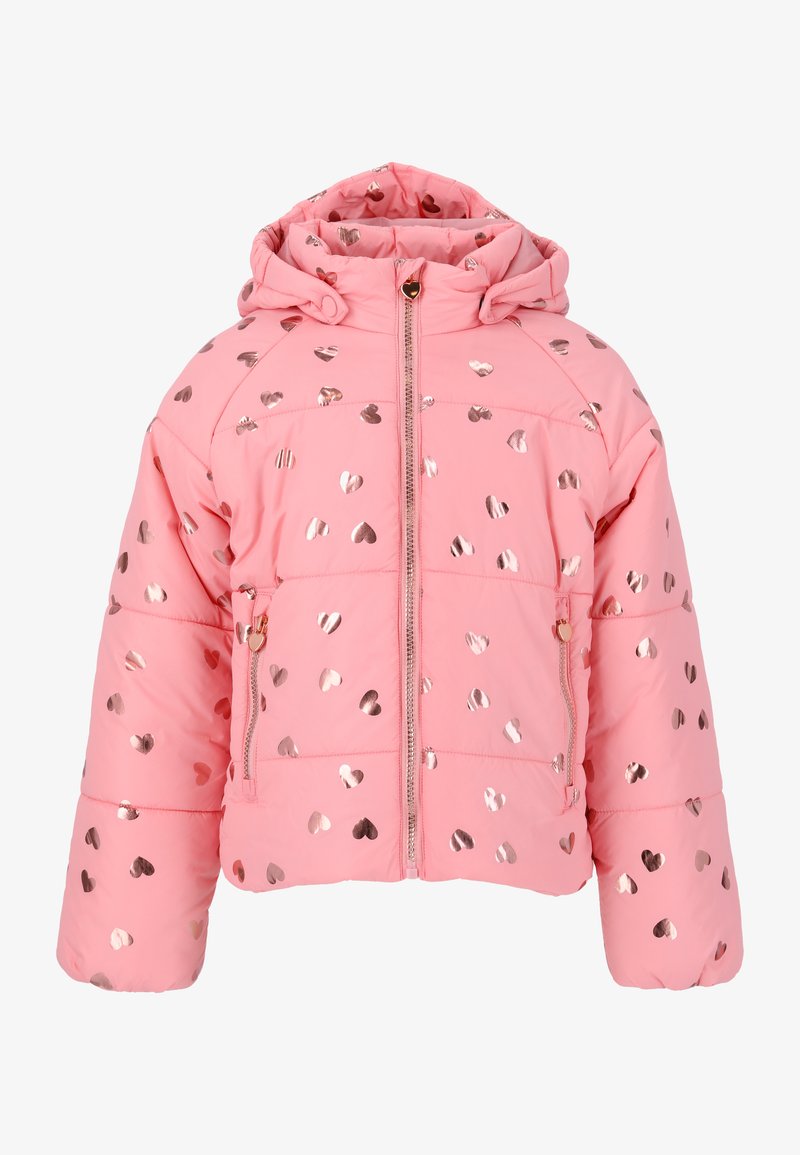 Rosa Pufferjacke mit Kapuze, ausgestattet mit einem Reißverschluss vorn, verziert mit metallischen Herzmustern und elastischen Bündchen für zusätzliche Wärme.