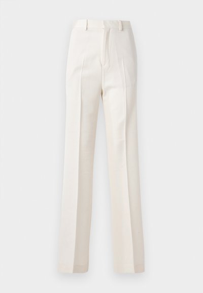 White, wide-leg trousers with a smooth texture, featuring front pleats and a classic waistband, designed for a polished look.