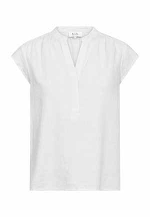 Weißes Leinenbluse mit Stehkragen, kurzen Cap-Ärmeln und einer vertikalen Knopfleiste. Verfügt über Raffung an den Schultern.