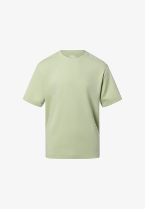 Hellgrünes kurzärmeliges T-Shirt mit Rundhalsausschnitt, lockerer Passform, glattem Stoff und ohne sichtbare Muster oder Logos.