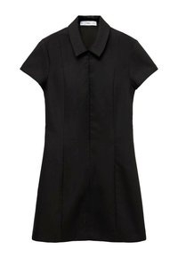 Rochie neagră cu mânecă scurtă și guler, având un corset ajustat și o fustă evazată. Fabricată dintr-un material neted, cu un design curat și minimalist.