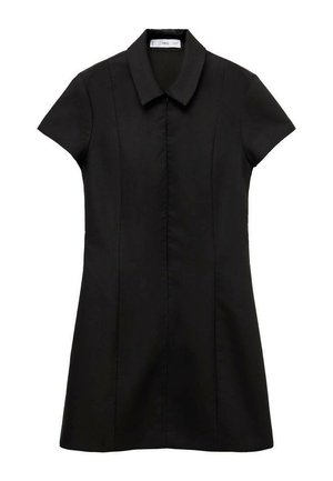 Černé šaty s krátkým rukávem a límečkem, s dobře padnoucím korzetem a rozšířenou sukňou. Vyrobené z hladkého materiálu s čistým, minimalistickým designem.