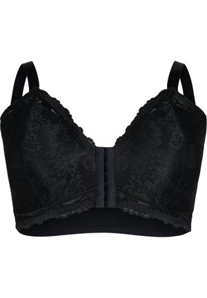 Svart spetsbh med blommönster, mjuk kupdesign, justerbara band och knäppning fram. Har scalloped spetsdetaljer.