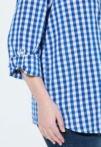 Camicia a quadri blu e bianca in tessuto, con maniche arrotolate e dettaglio con bottone. Tessuto morbido e vestibilità rilassata.