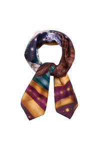 Silk scarf featuring a colorful design with stars and stripes in purple, gold, and teal. Soft texture, light, and flowing fabric.