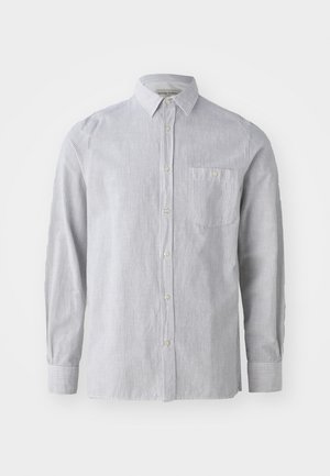 Chemise à rayures en gris clair et blanc, en tissu de coton, à manches longues, avec une poche poitrine simple, col classique, ourlet droit.