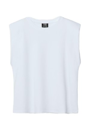 Valkoinen hihaton lihastoppi pyöreällä pääntiellä ja musta kauluksen merkki, jossa lukee "B5", yksivärisellä taustalla.