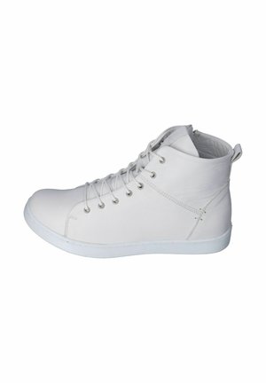 High-top sneakers made of white leather with a smooth texture, featuring metal eyelets, flat white laces, and a rubber sole.