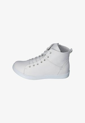 High-top sneakers made of white leather with a smooth texture, featuring metal eyelets, flat white laces, and a rubber sole.