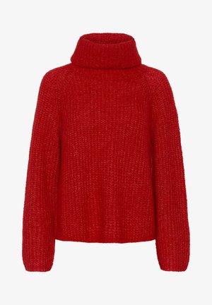 Czerwony sweter z golfem, wykonany na drutach, o luźnym kroju, z teksturowanej tkaniny i długimi rękawami. Dekolt jest szeroki i prążkowany.
