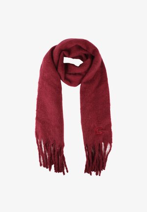 Bordowy szalik z miękkiej, teksturowej wełny, z postrzępionymi końcami; z haftowanym logo "LC" po jednej stronie, w kształcie prostokąta.