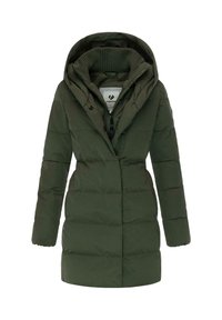 Zaļš pūkains mētējs ar kapuci, ar rāvējslēdzēju un pogu aizdari, ribotu apkakli un horizontālu quiltu rakstu. Mīksta, siltināta auduma.