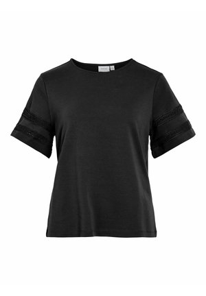 Schwarzes T-Shirt mit kurzen Ärmeln aus weichem Stoff, mit dekorativen strukturierten Bändern an den Ärmeln und einem runden Ausschnitt. Lässiges Design.