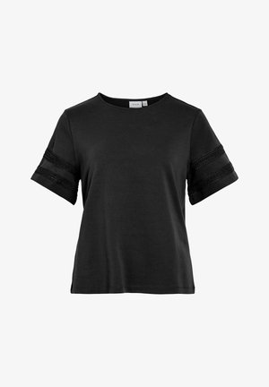 Black short-sleeve t-shirt made of soft fabric, featuring decorative textured bands on sleeves and a round neckline. Casual design.