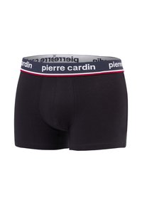 Boxer-briefs noirs en coton, avec une taille bleu marine ornée d'accents rouges et blancs et le logo "pierre cardin".