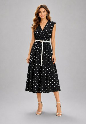 Femme portant une robe midi noire sans manches à pois blancs, une ceinture blanche et des sandales blanches à talons hauts, debout devant un fond gris.