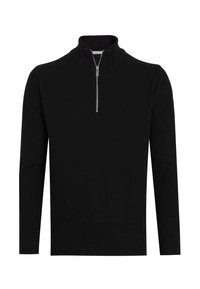 Sort strikket sweater med høj krave og halv lynlås. Har et tekstureret mønster og lange ærmer. Elegant, minimalistisk design.