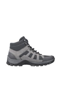 Graue Wanderschuhe mit einem Obermaterial aus Wildleder und Mesh, ausgestattet mit einem gepolsterten Kragen, verstärkter Zehenpartie, strukturiertem Außensohle und schwarzen Schnürsenkeln.