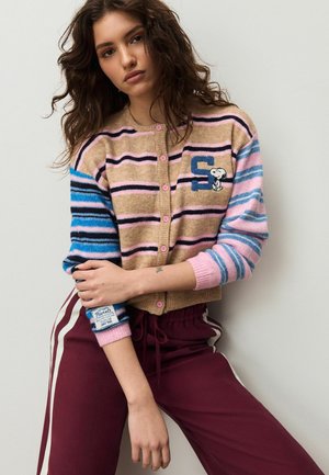 Multicolored striped cardigan featuring shades of beige, pink, and blue. Includes Snoopy graphic and pink button closure, paired with burgundy pants.