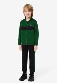 Casaco verde com fecho éclair, com riscas pretas e brancas, combinado com calças pretas que têm riscas verdes nas laterais; o conjunto é completado com ténis pretos.