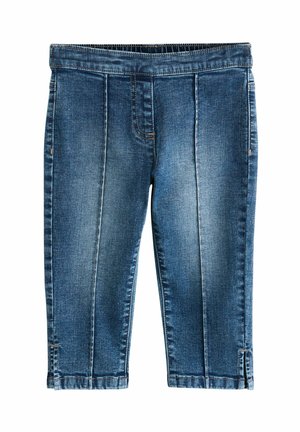 Pantaloni capri in denim di un blu medio con una texture liscia, caratterizzati da cuciture frontali e spacchi laterali all'orlo per un tocco di dettaglio in più.