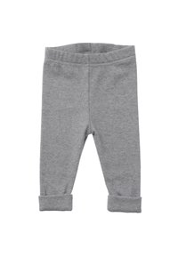 Graue Baumwollleggings mit weicher Textur, ausgestattet mit einem dehnbaren Bund und umgeschlagenen Bündchen an den Knöcheln. Schlichtes, einfaches Design.