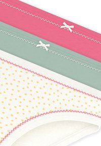 Σετ από τριών γυναικείων εσωρούχων: ροζ, πράσινο και λευκό με κίτρινα πουά. Διαθέτουν λεπτομέρειες από δαντέλα και μικρά φιόγκους στη ζώνη μέσης.