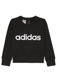 Czarna bluza z bawełny z prążkowanym okrągłym dekoltem i mankietami. Na przodzie znajduje się duże białe logo "adidas".