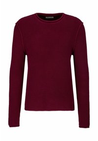 Maglione bordeaux a maniche lunghe con un motivo a nido d'ape testurizzato, scollatura rotonda e polsini a costine in contrasto. Etichetta del marchio visibile sul collo.