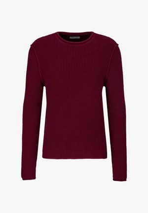 Burgundrot Pullover mit langen Ärmeln und einem strukturierten Waffelmuster, Rundhalsausschnitt und kontrastierenden Rippbündchen. Markenlabel sichtbar am Hals.