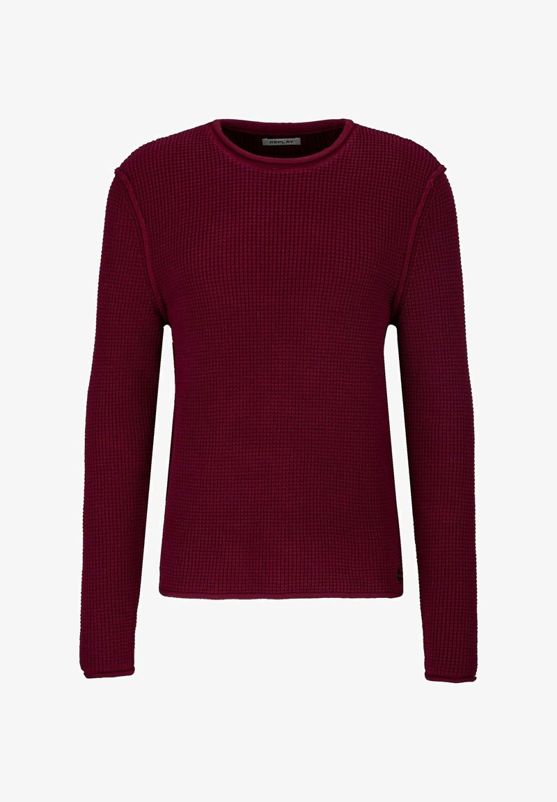 Maglione bordeaux a maniche lunghe con un motivo a nido d'ape testurizzato, scollatura rotonda e polsini a costine in contrasto. Etichetta del marchio visibile sul collo.