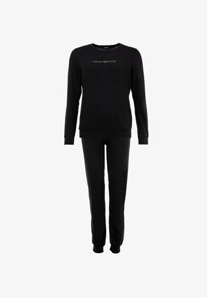 Felpa nera in cotone con maniche lunghe e colletto rotondo; abbinata a pantaloni coordinati con polsini elastici. Logo ricamato sul petto.